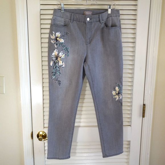 Chico's Ankle Jeans Floral Size 1 Gray Denim Jegging Soft Stretch Inseam 27 - Picture 1 of 10
